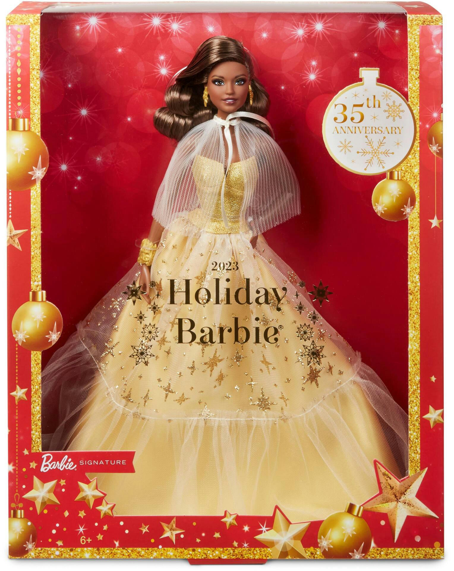 Barbie® 2023 Holiday Doll, Golden Gown & Dark Brown Hair
