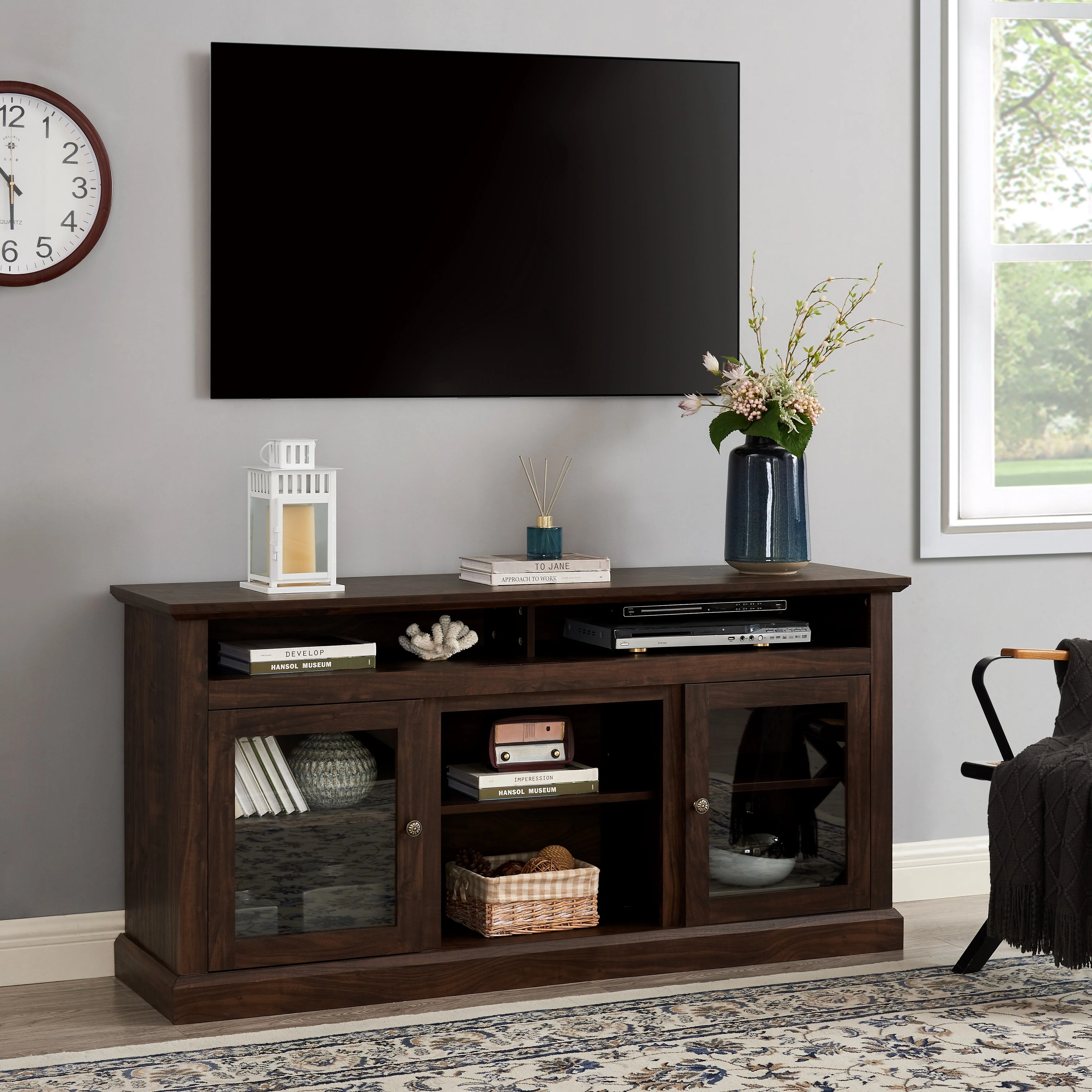 Brown 60 TV Stand with Glass Doors, Cable Management & Shelves for 65 TVs