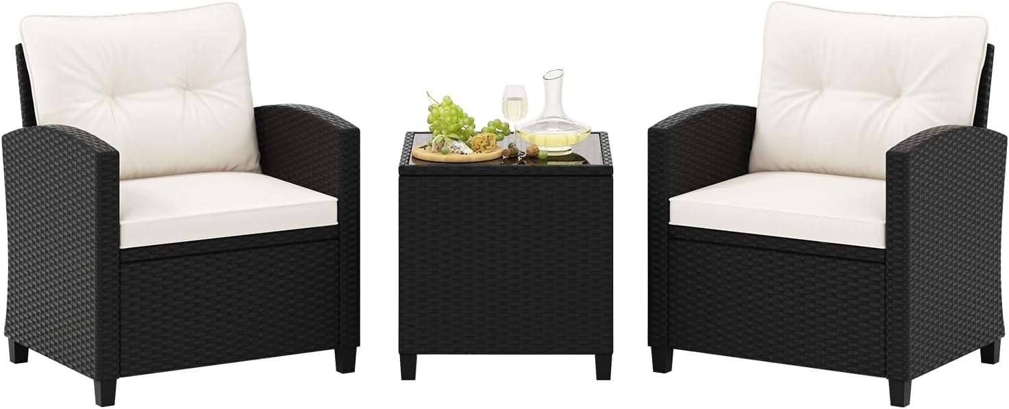 Tangkula 3 Piece Patio Furniture Set  Rattan Conversation Set w/Soft Seat & Back Cushions  Tempered Glass Topped Coffee Table  Cushioned Wicker Seating Set for Backyard  Porch  Poolside (Off White)