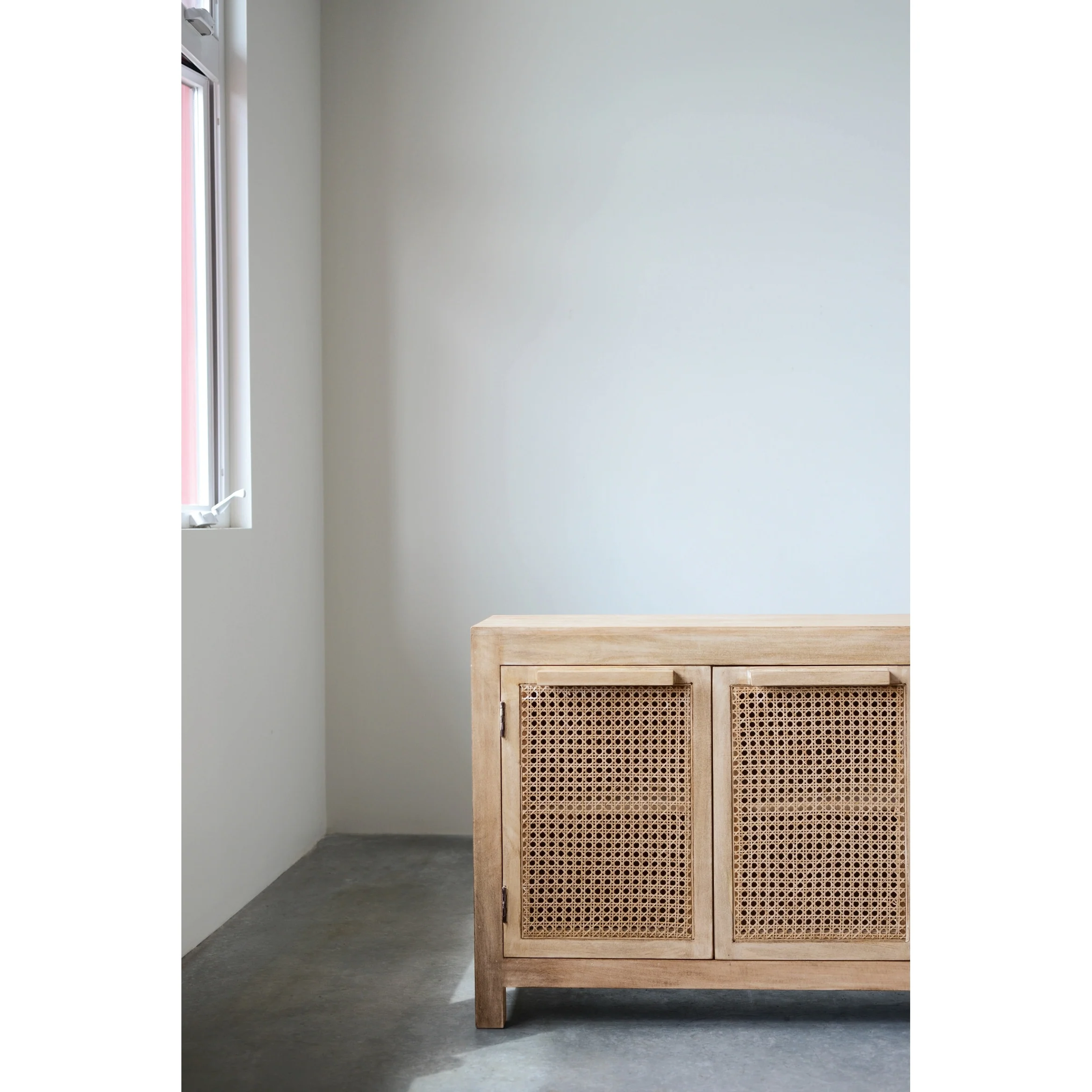 Mango Wood and Cane 4-Door Sideboard Cabinet