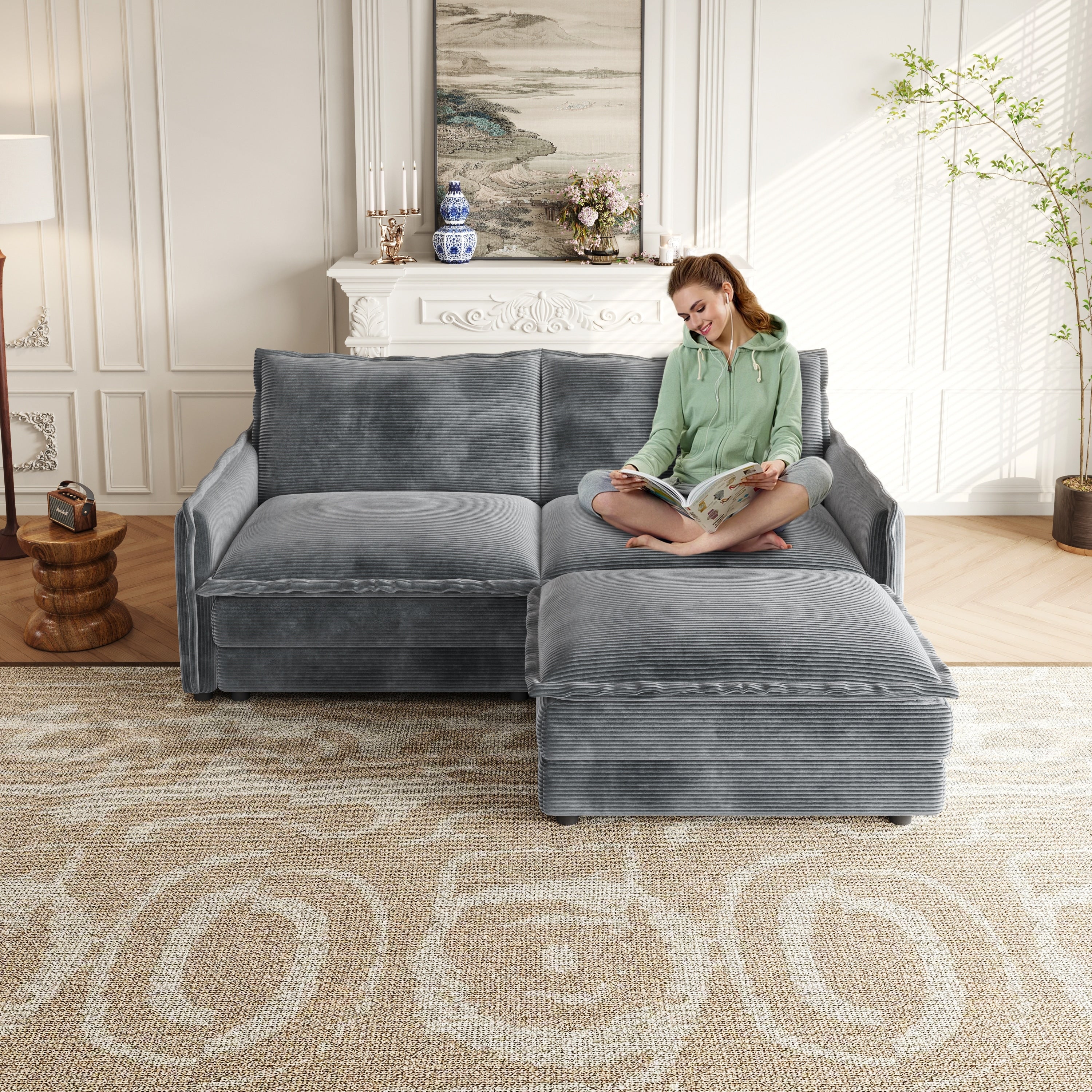 75 Corduroy Sectional Sofa with Ottoman, 2-Seater