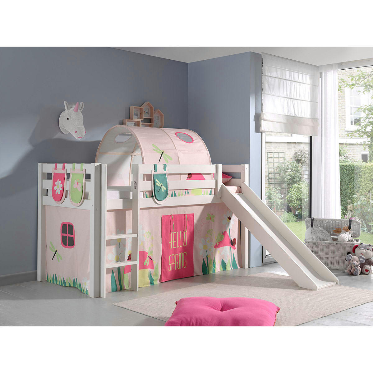 PINO - Lit mi-hauteur 90x200 toboggan sommier inclus housse spring blanc