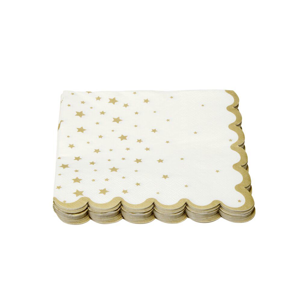 Serviette en papier 3 plis X20 pcs imprimé étoiles bord festonné L33X33 cm blanc et doré