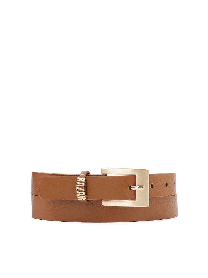 Light brown belt with metal logo
