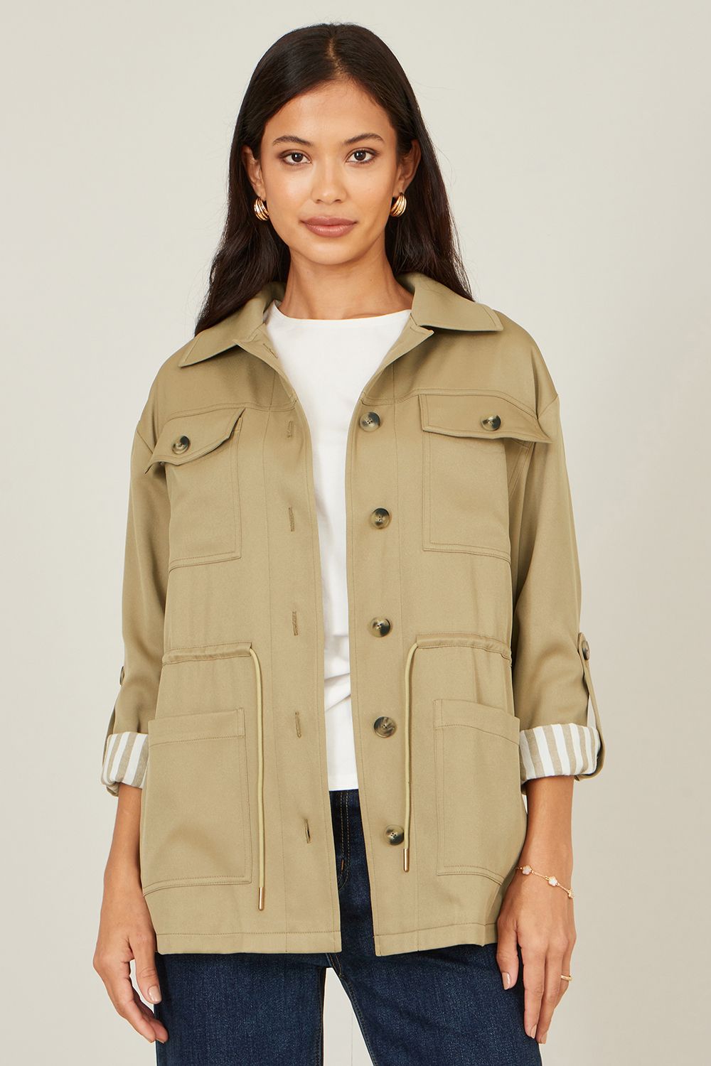 Yumi Light Khaki Utility Jacket With Drawstring Waist and Stripe Lining