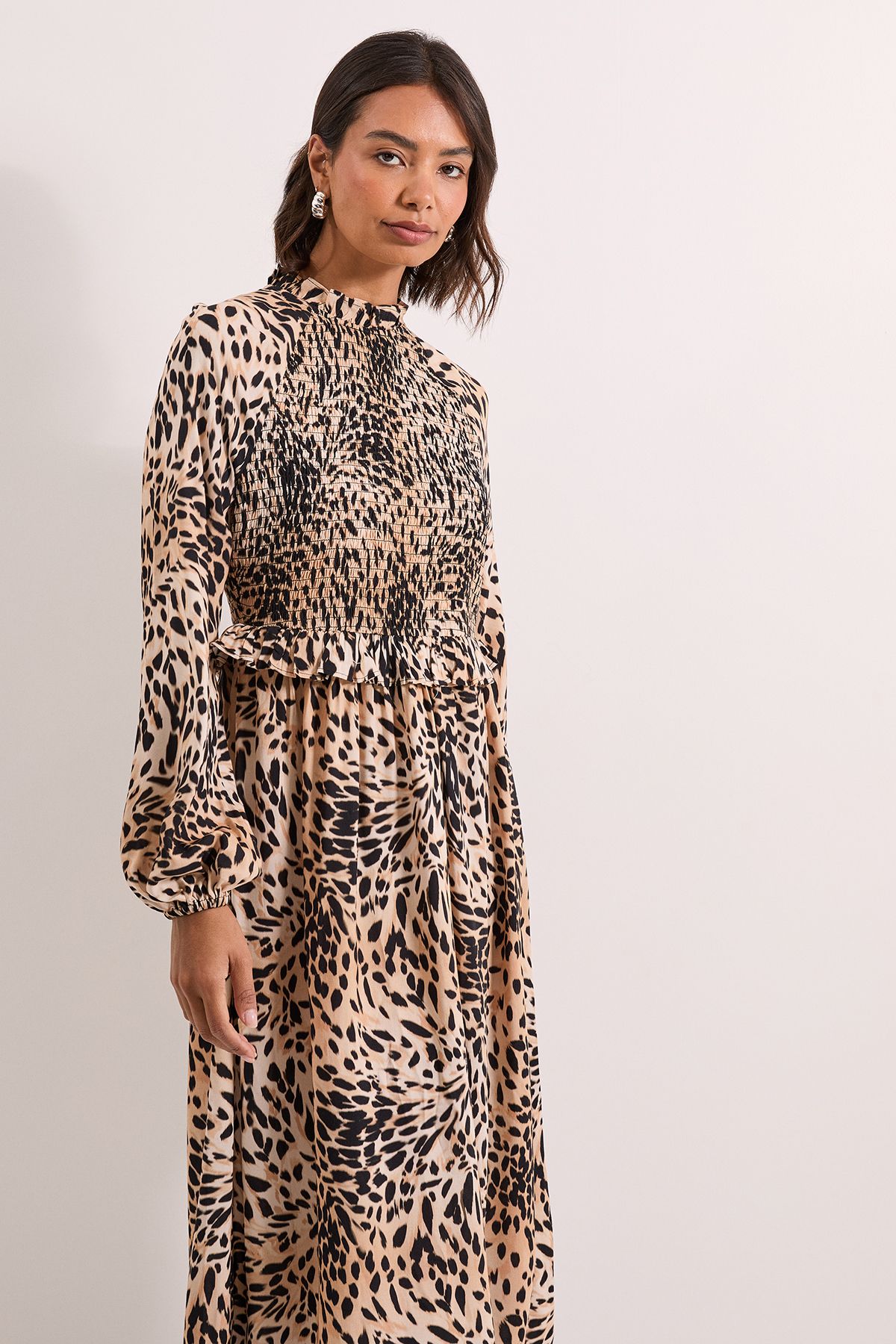 Dorothy Perkins Pink Animal Shirred Bodice Frill Detail Midi Dress