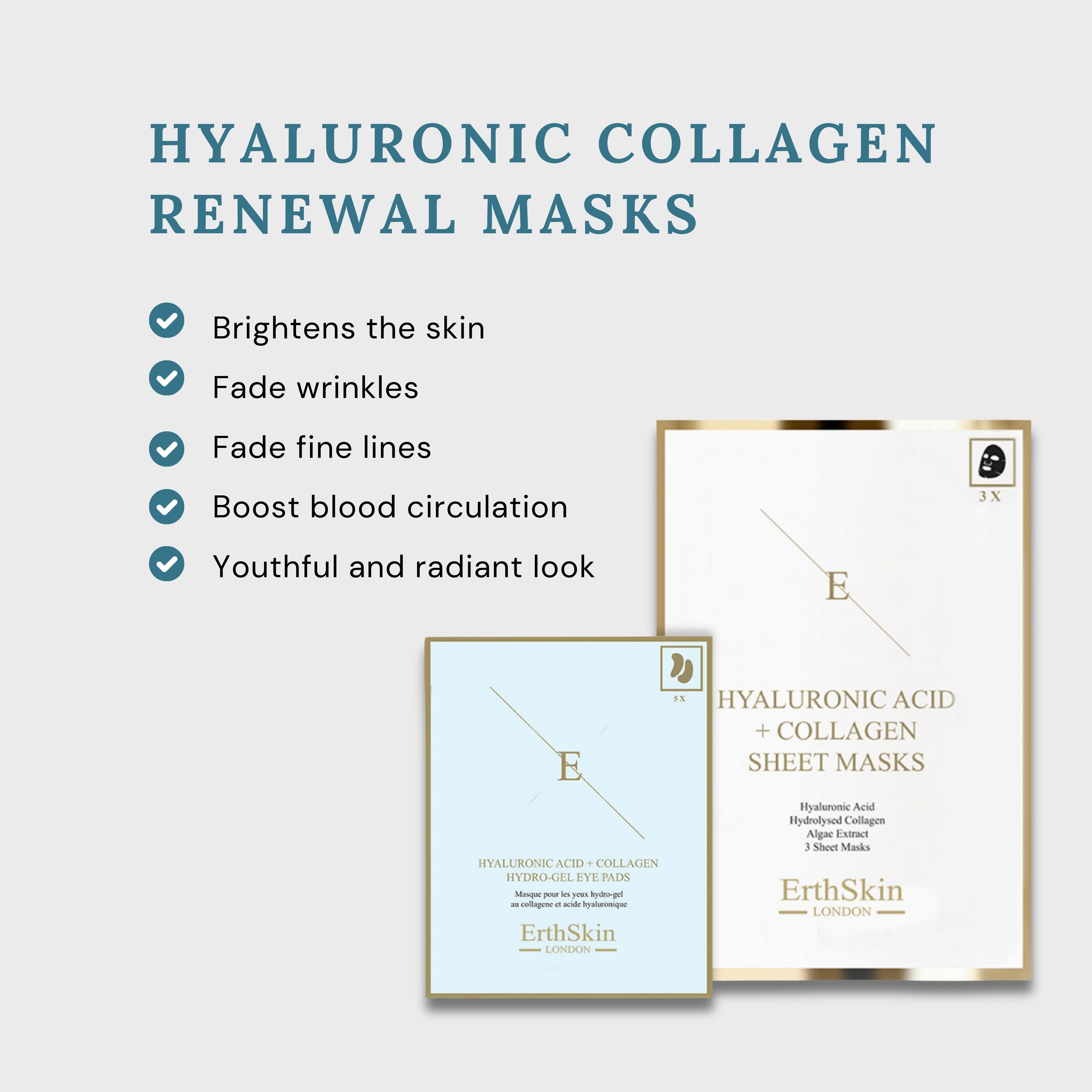 Erth Skin London Hyaluronic Acid & Collagen Mask - 3 sheets   Hyaluronic Acid   Collagen Hydrogel Eye Pads 5 X 2