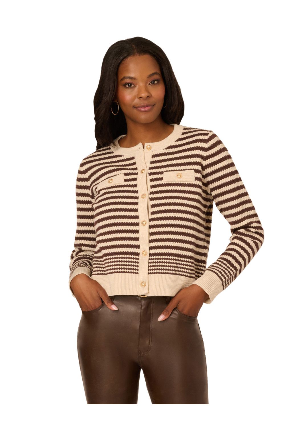 Adrianna Papell Crew Neck Button Front Striped Pointelle Long Sleeve Sweater