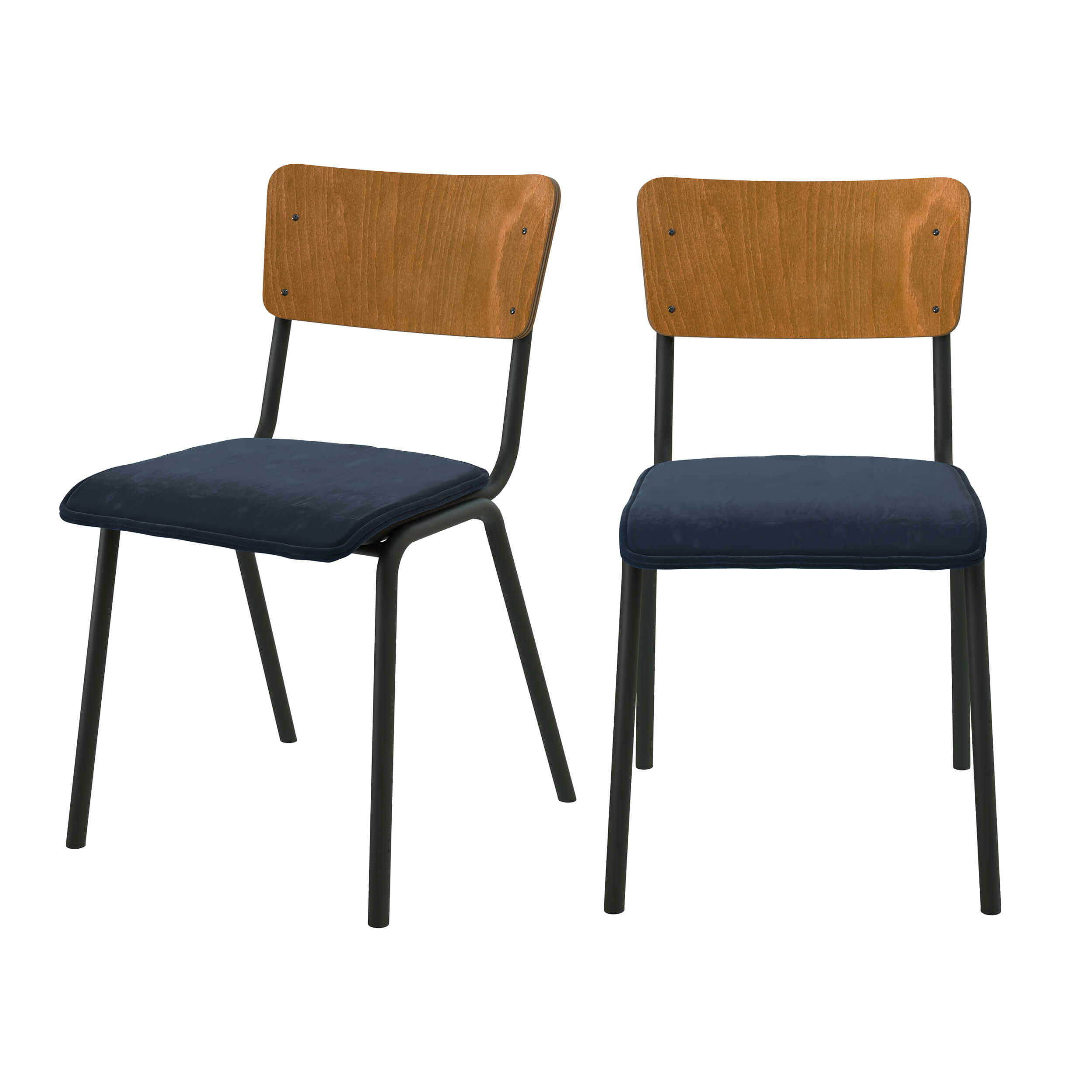 NICO - Chaise en bois foncé et velours bleu (lot de 2)