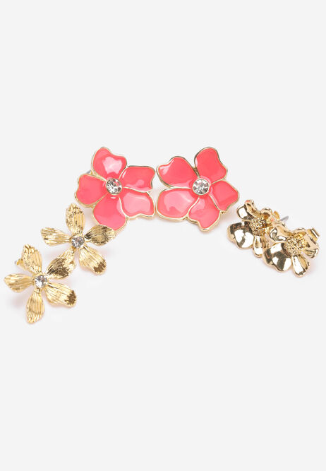 Womens 3pk Gold & Coral Flower Stud Earrings
