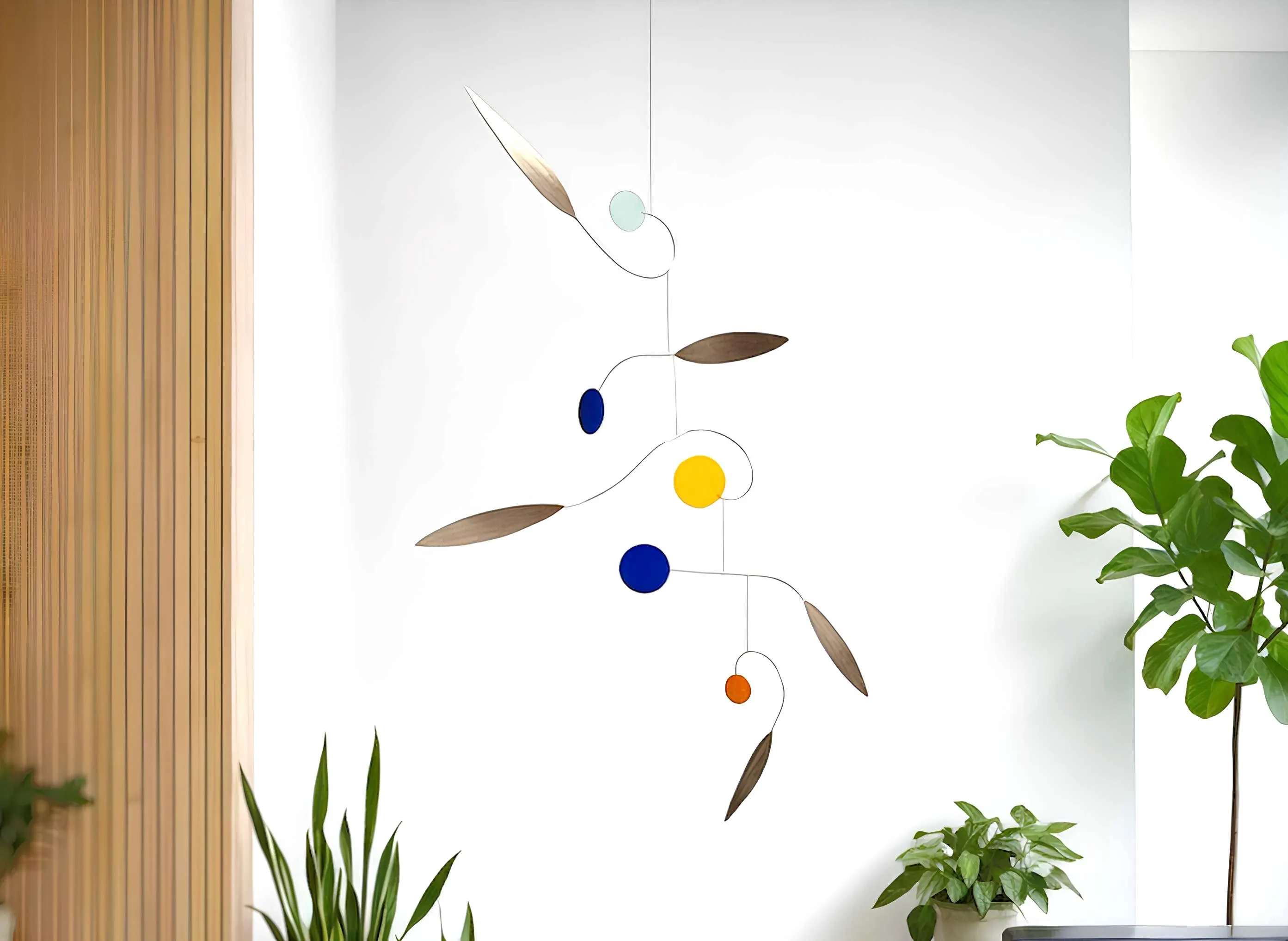 RISE - Large Mobile Kinetic Sculpture, Hanging Mid Century Walnut Leaf & Acrylic Circles