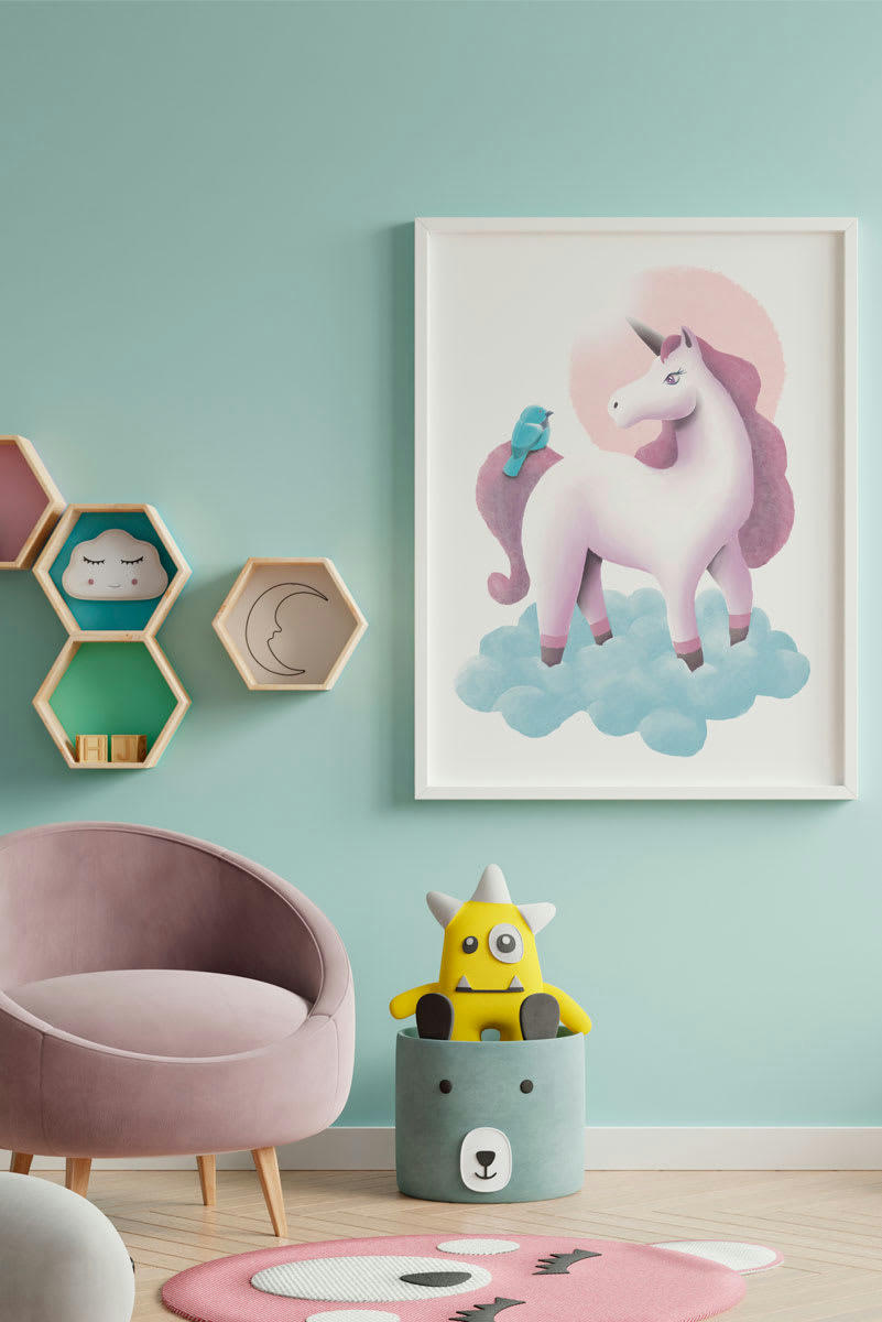 DECOWALL - Impression de licorne fantasy encadrée en bois blanc 43X33 cm