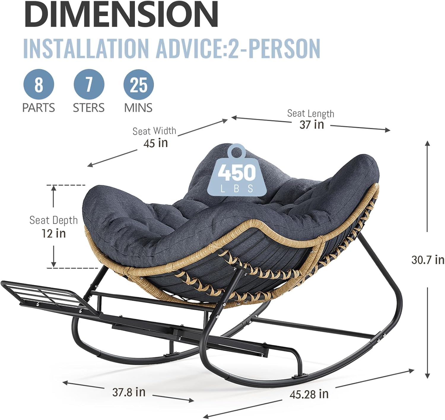 SWITTE Outdoor Rocking Chair with Footrest, Oversized Patio Papasan Rocker, Comfy Wicker Reading Lounge, Indoor Bed-Like Egg Chair for Bedroom,Balcony, Porch, Garden, Heather Gray