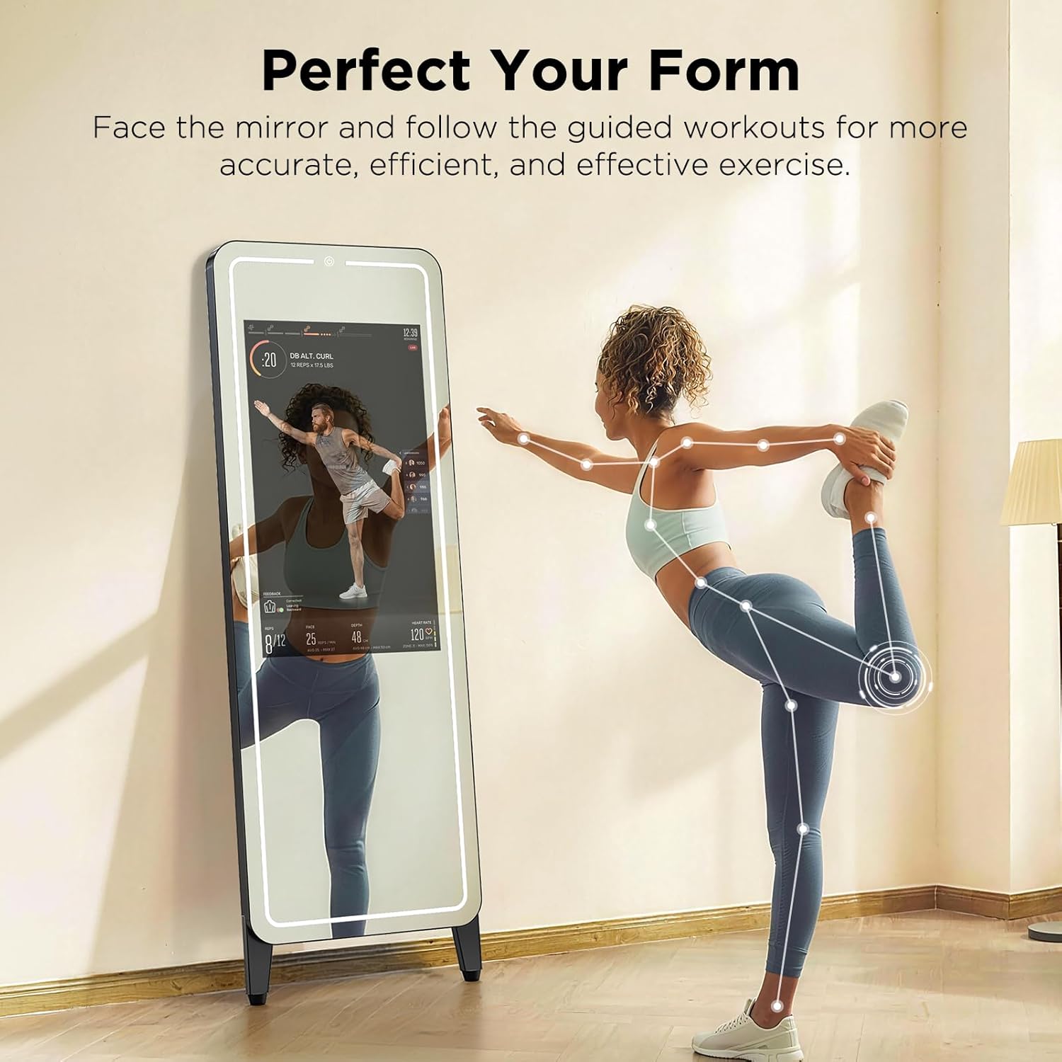 Smart Gym Mirror for Home Workouts, 32 HD Touchscreen with Android OS, 63 Full-Length Mirror, No Subscription Required, Fitness App Support, Voice Control & Music Sync LED Light Strip