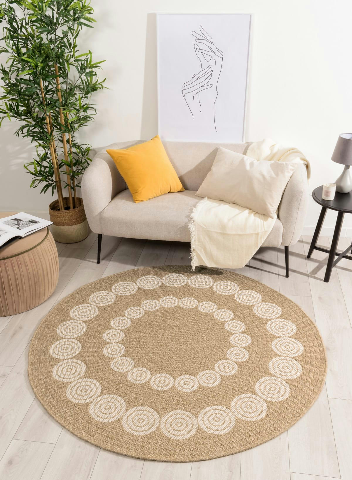 NATURE - Tapis intérieur et extérieur effet jute géométrique blanc diamètre 160