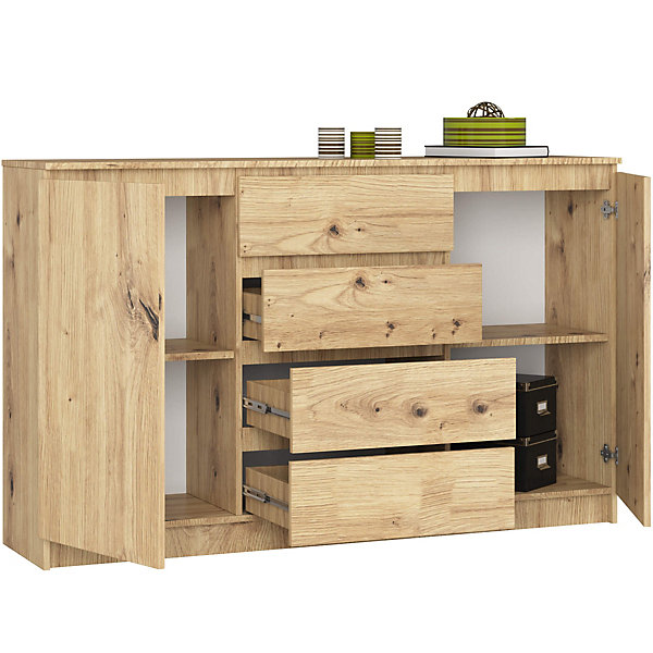 Grande Commode pour le salon AKORD K160 Chêne Artisan 160 cm 2 portes 4 tiroirs façade Chêne Artisan 4 étagères 160x40x99 cm