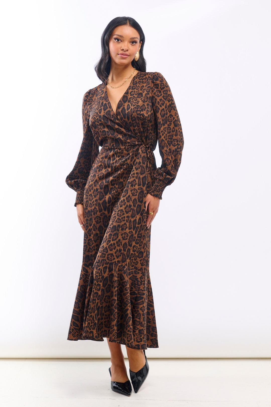 Needs No Label Animal Wrap Long Sleeve Midi Dress