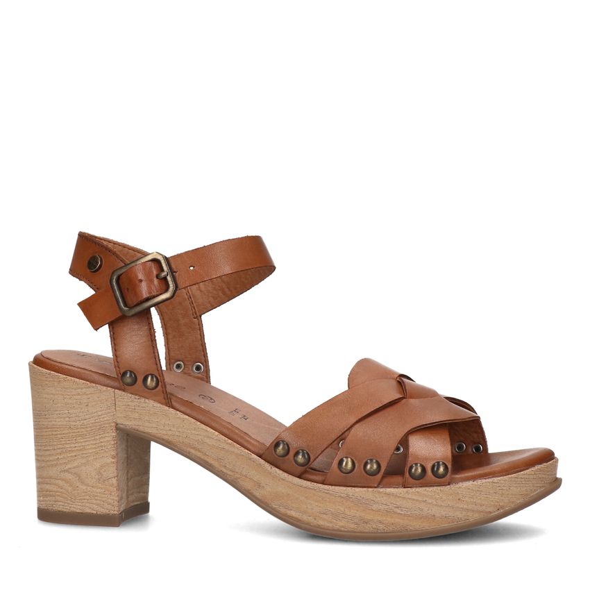 No Stress Cognac leren sandalen met blokhak