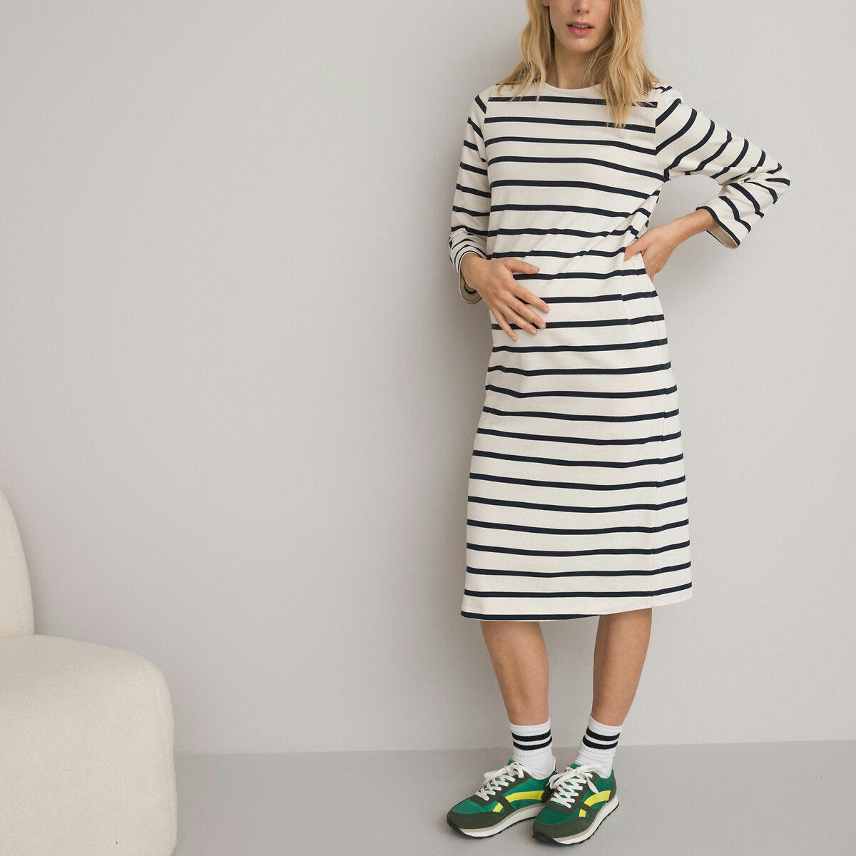 Robe marinière de grossesse, longueur midi