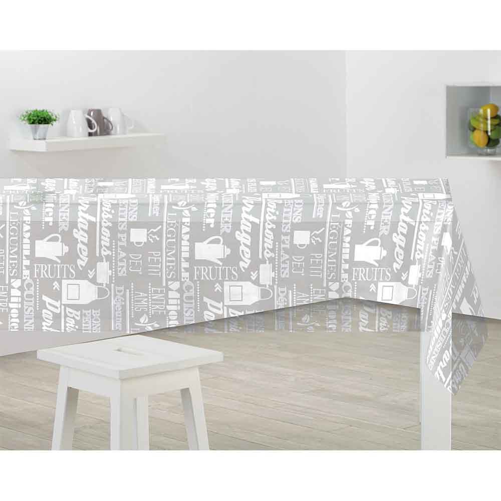 Nappe rectangulaire toile cirée inscriptions gris blanc 140x250 cm