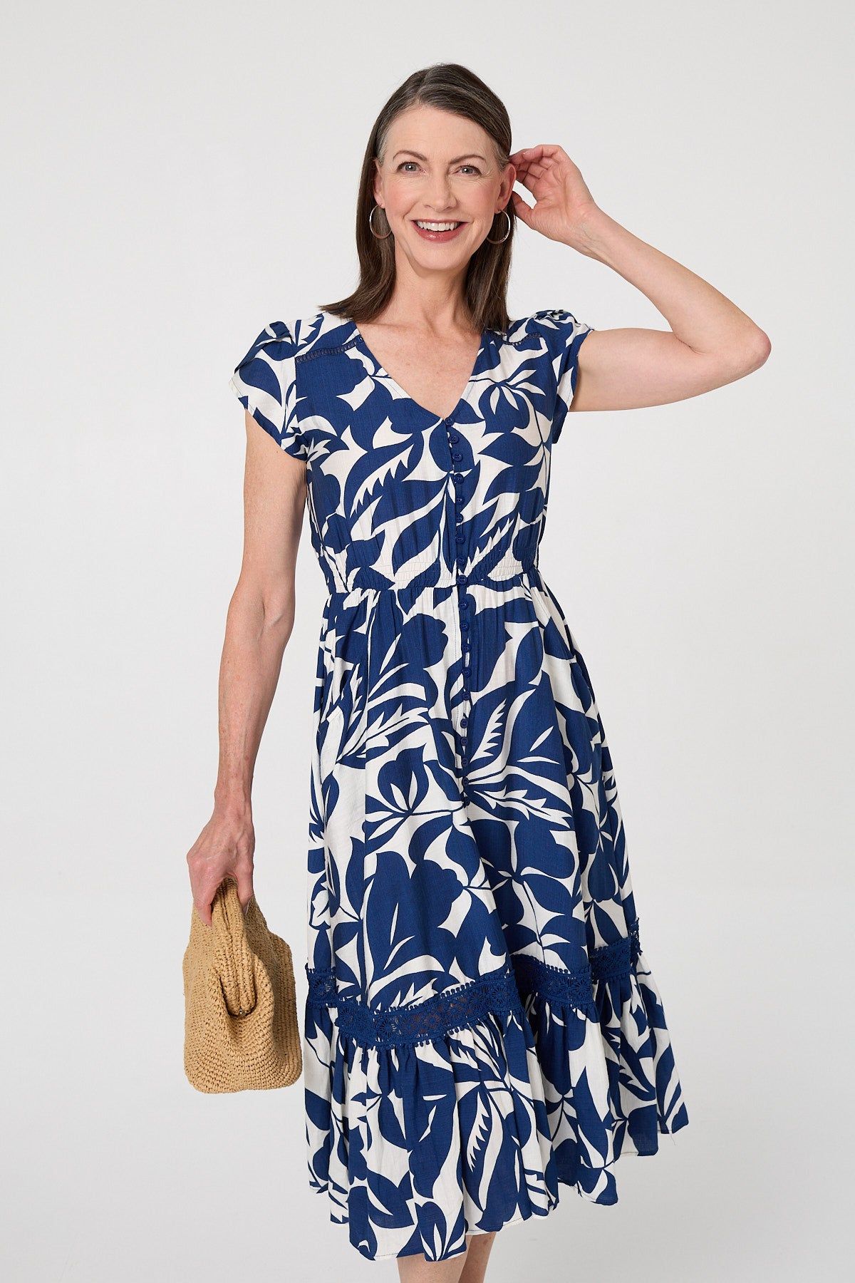 Izabel London Leaf Print Cap Sleeve Lace Midi Dress