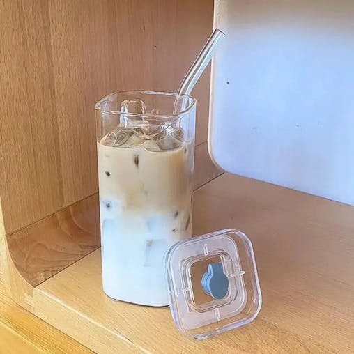 NNEOBA Glass Coffee Mug with Lid & Straw