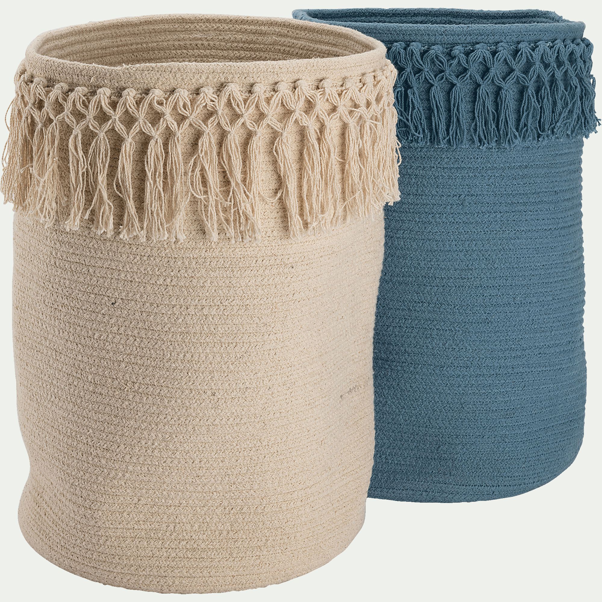 LISA - Panier de rangement frangé en coton - bleu autan D30xH45cm
