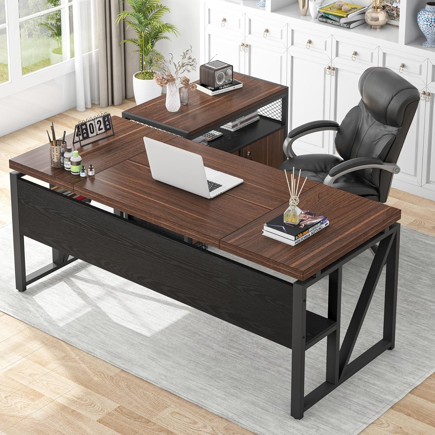Tribesigns 63 Executive Deskwith Drawer Cabinet, L Shaped Desk and lateral File Cabinet, 2 Piece Home Office Furniture Set with Drawers for Hanging, Doors with Locks (Dark Brown, 63 inches)