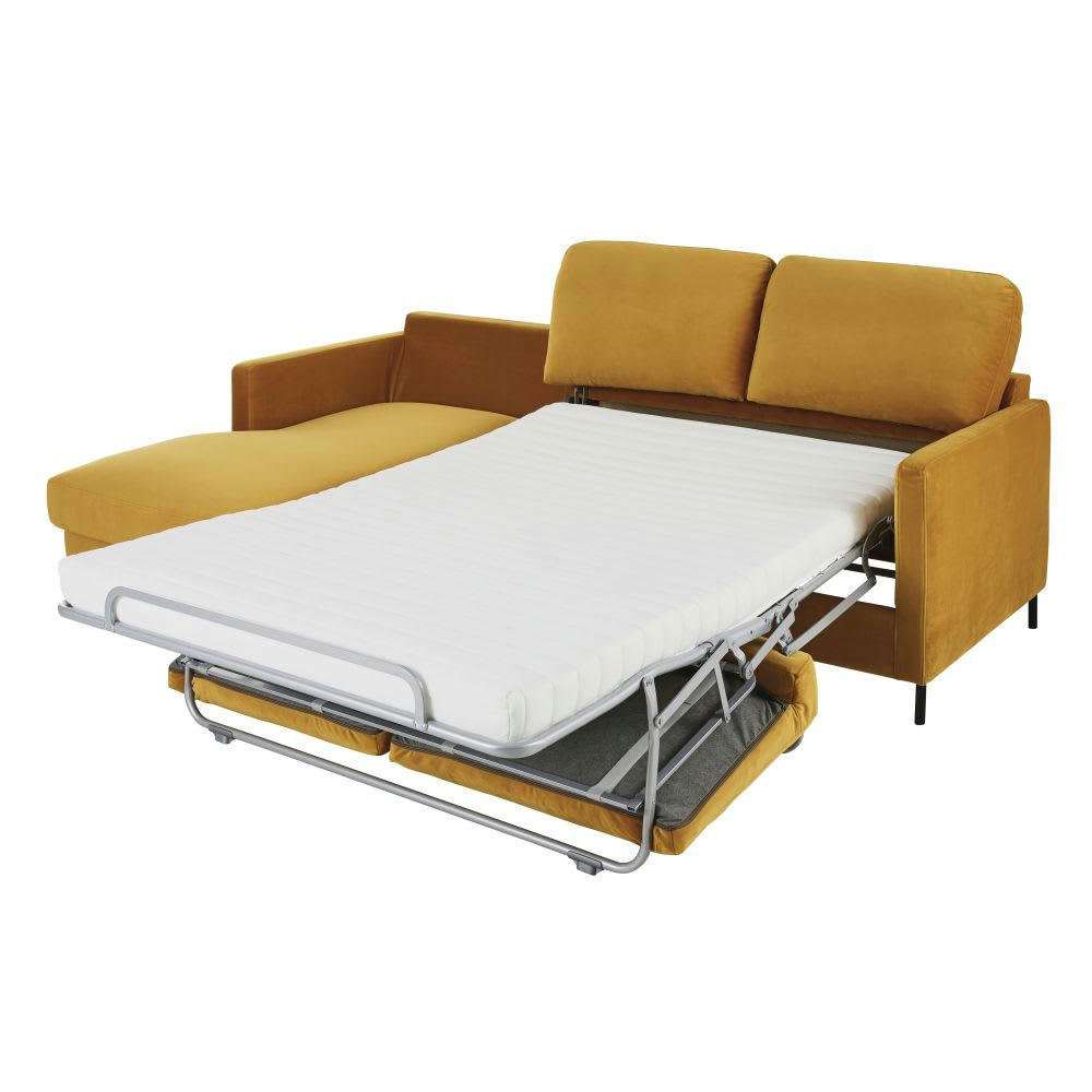 Julian - Canapé d'angle gauche convertible 4/5 places en velours jaune moutarde, matelas 14 cm