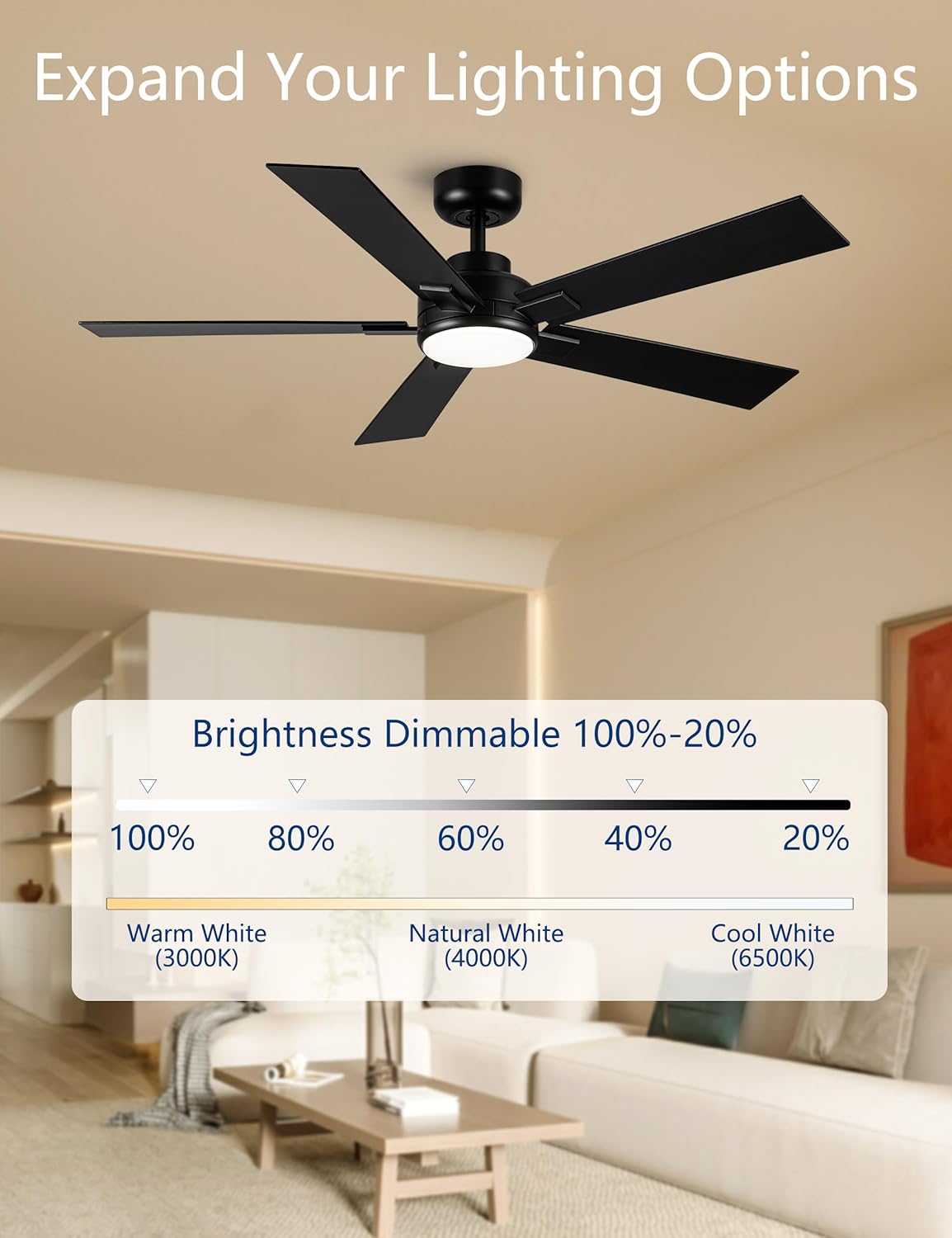 Modern Ceiling Fans with Lights - 52 inch Black Outdoor Ceiling Fan with Light and Remote, Reversible DC Motor, 6-Speed Quiet 3CCT LED Dimmable for Bedroom, Indoor and Outdoor, Patios , ETL Listed