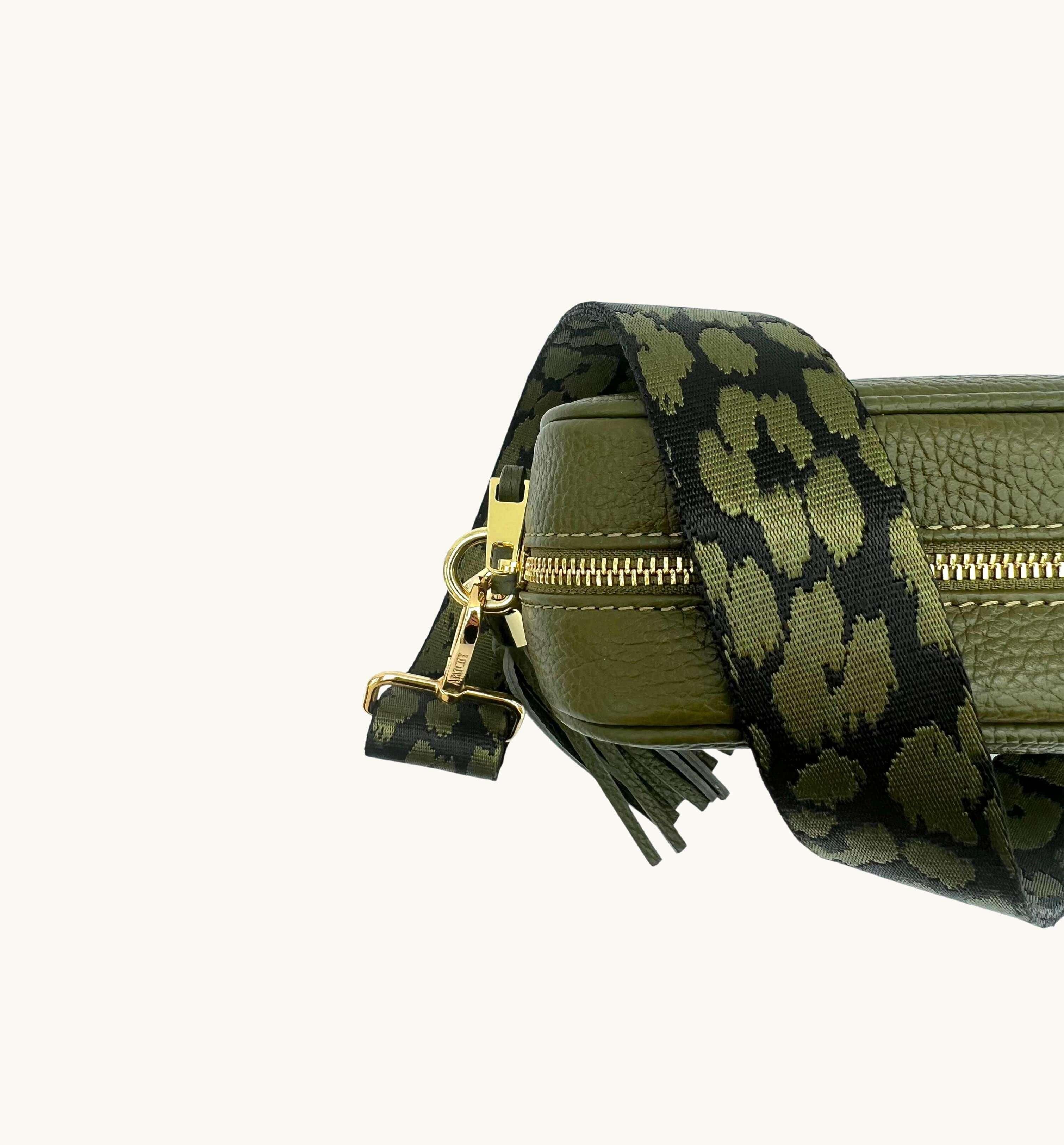 Apatchy London Olive Green Leather Crossbody Bag With Olive Green Cheetah Strap