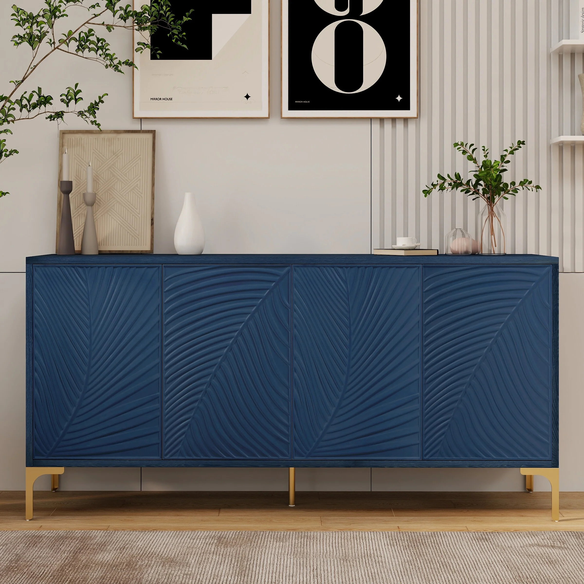 4-Door Sideboard with Unique Texture & Adjustable Shelves
