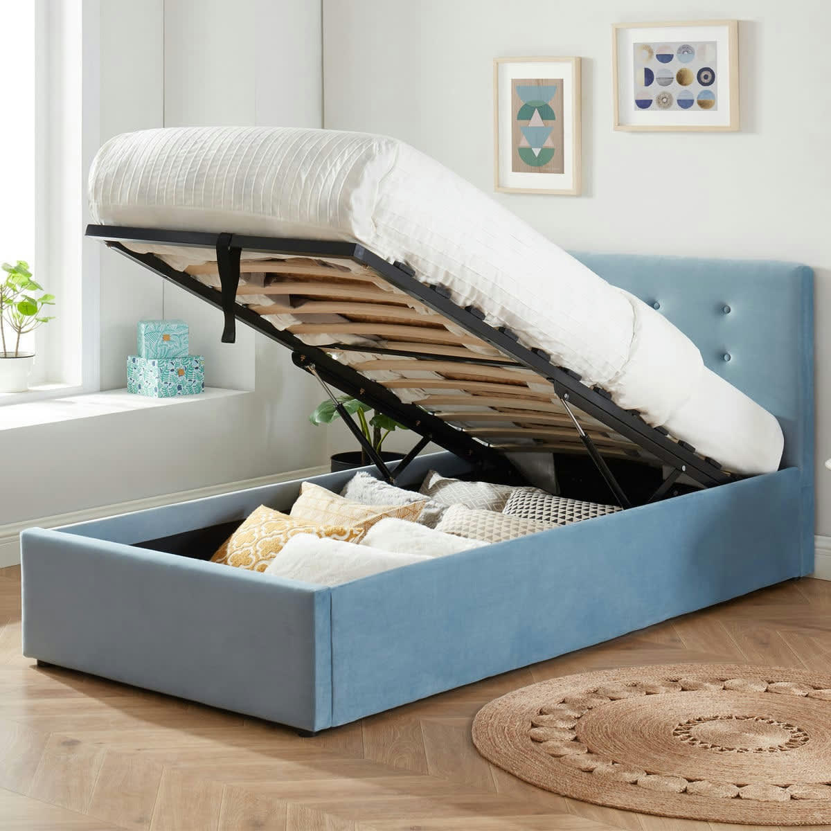 ENSEMBLE TINA - Pack lit coffre enfant 90x190 + matelas + tête de lit - velours bleu