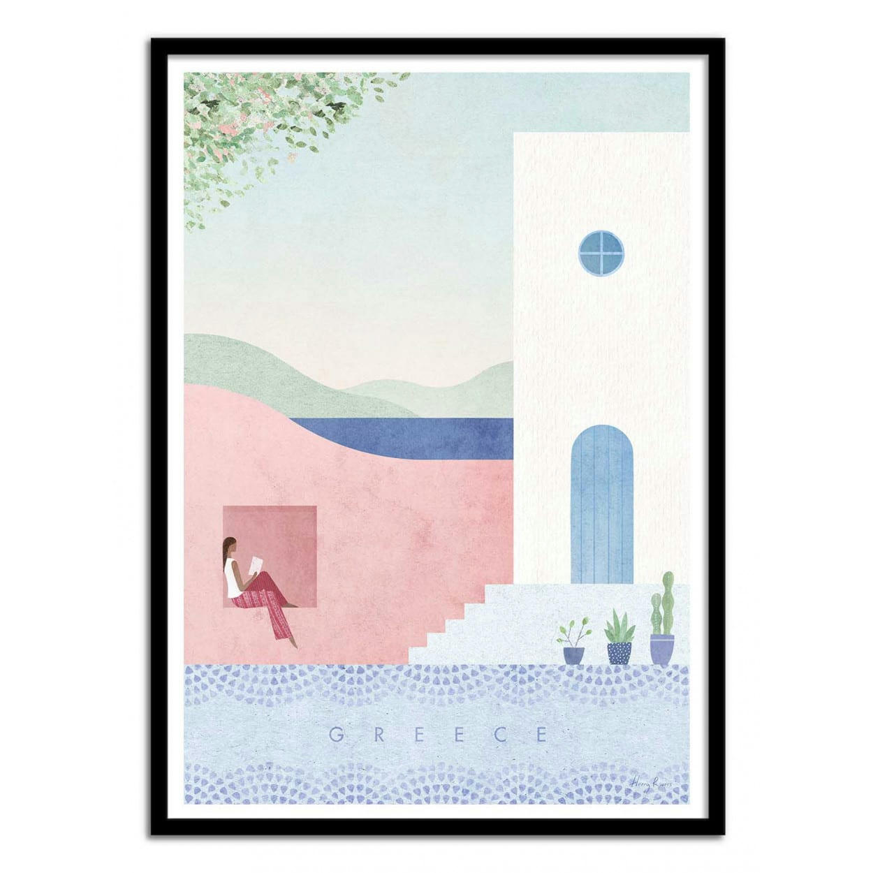 HENRY RIVERS - GREECE - Affiche d'art avec Cadre bois noir - 30 x 40 cm