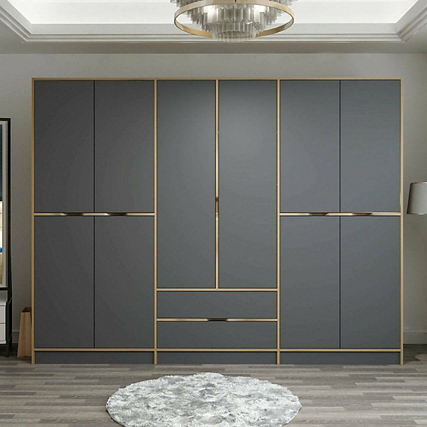 Grande Garde-robe Gaspard, Meubles de chambre, Penderie de plain-pied, Placard à vêtements, 277x52 h208 cm, Noir et Or