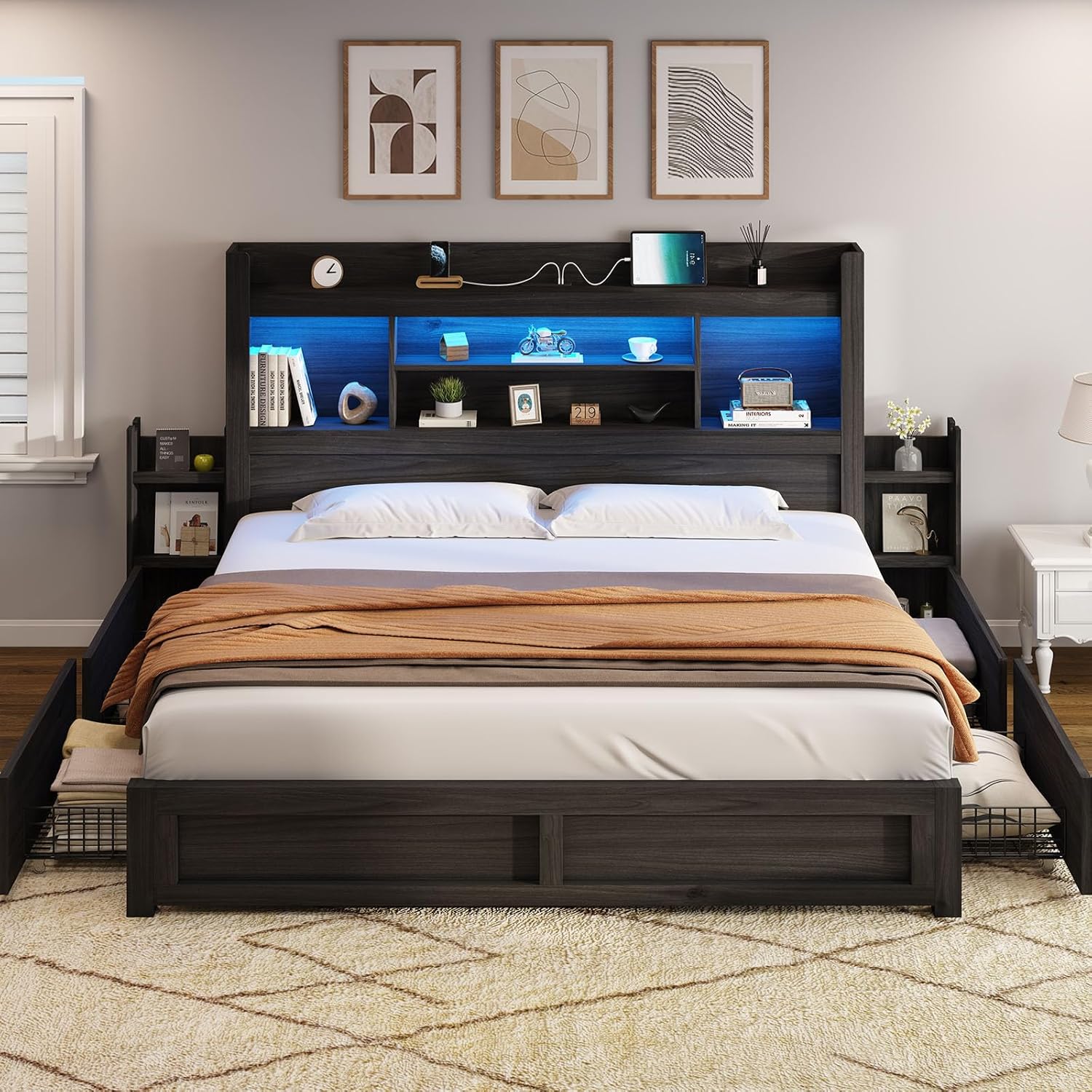 AMERLIFE King Size Bed Frame with 4 Storage Drawers, LED Bed Frame with 49.6 Tall Bookcase Headboard, Wood Platform Bed with Charging Station & 2 Slide Bedside Shelf, No Box Spring Needed/Black
