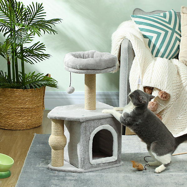 Arbre à chat H.66 cm poteaux à griffer jute lit maison chat plateforme balle de jeu gris