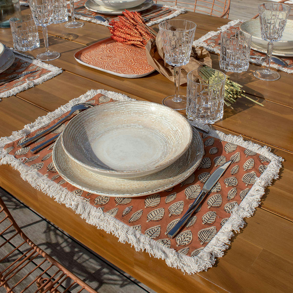 MALAGA - Lot de 4 sets de table en coton terracotta avec franges