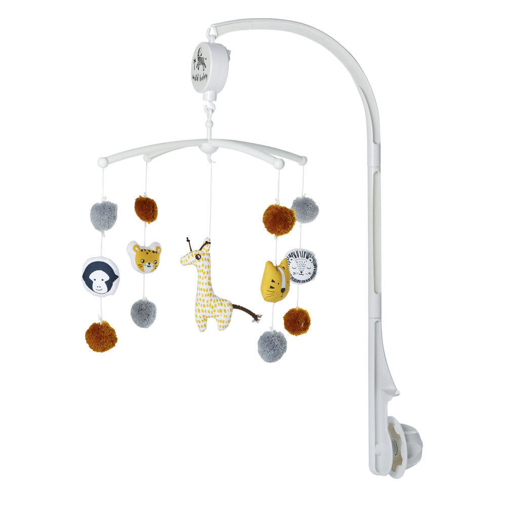 MINI JUNGLE - Mobile musical bébé en coton gris, jaune moutarde, blanc et noir