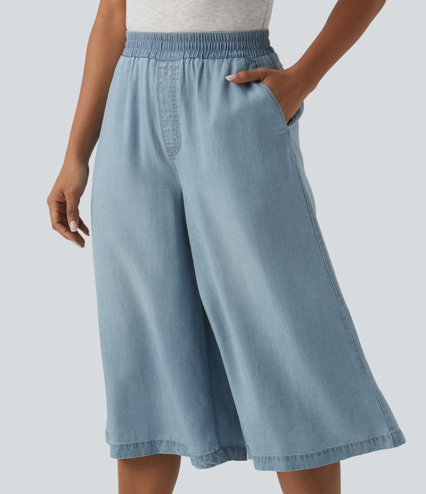 Jean large casual capri taille haute en lyocell avec poches