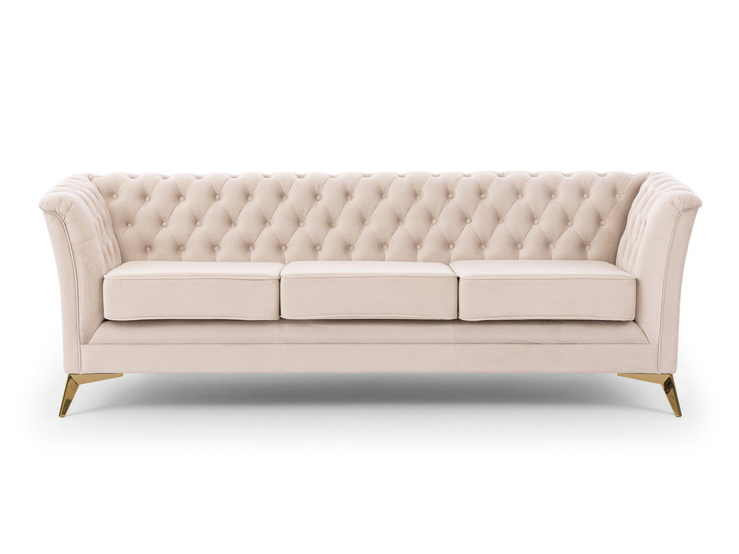 Ropez Chesterfield Derby Bis sofa 3 pikowana wysokie nóżki welur kremowy