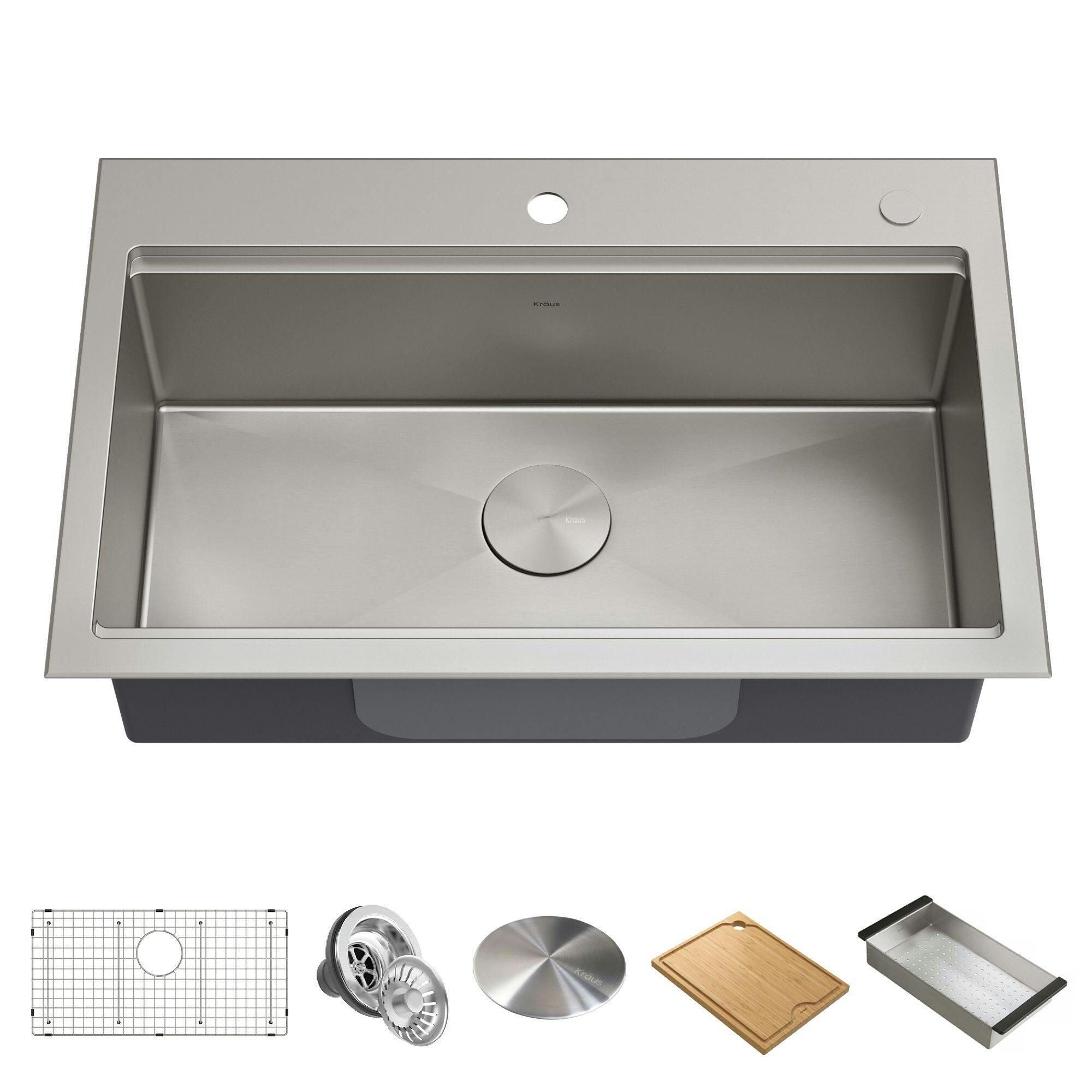 Kraus Kore™ Top/Undermount Stainless Steel Single Bowl Kitchen Sink with Add-Ons, 32x21x9-in