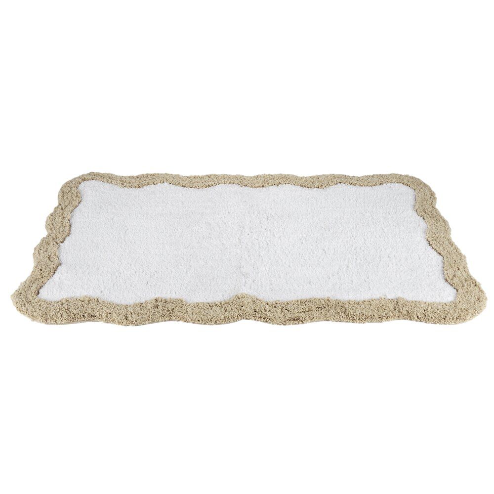 Tapis de bain rectangulaire contour vague coton blanc et beige 50x80cm