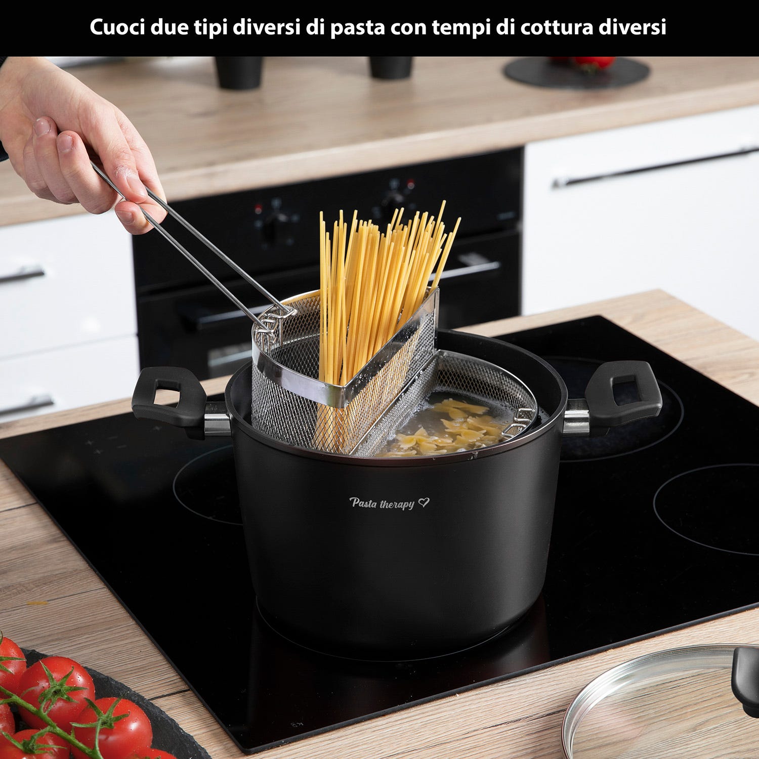 Pentola pasta 22 cm nera con 2 cestelli e coperchio