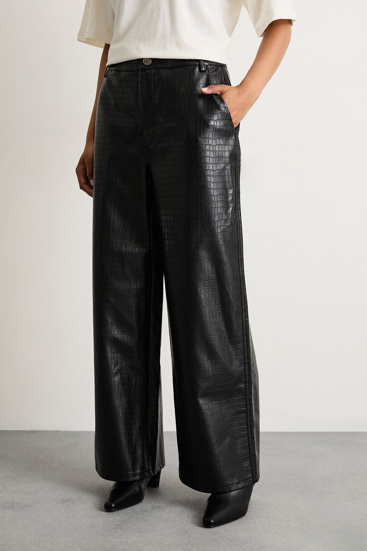 Warehouse Faux Leather Croc Embossed PU Straight Leg