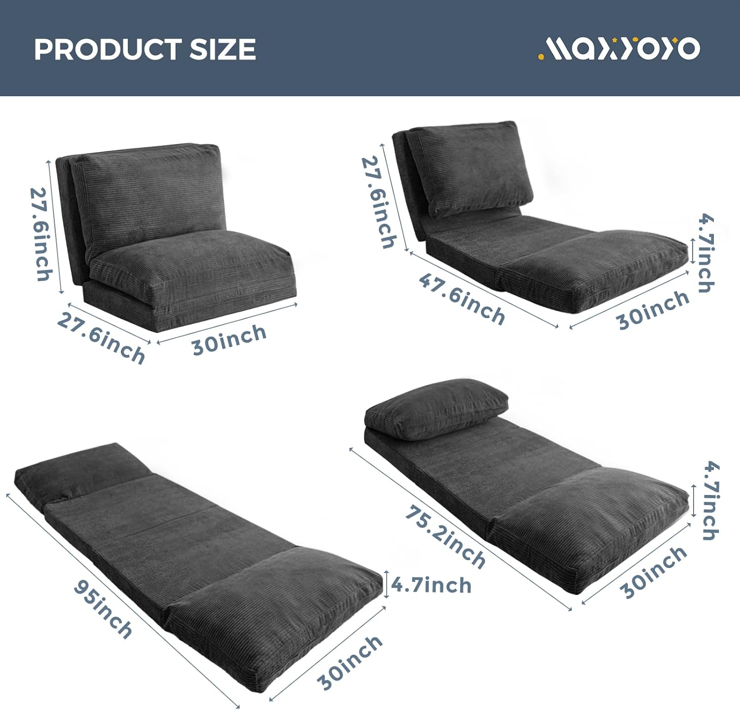 MAXYOYO Folding Sofa Bed, Extra Thick and Long Floor Sofa Convertible Sleeper Chair with Washable Cover, Floor Couch Lounge Bean Bag Bed for Living Room, Dark Grey, 30x95 Inch