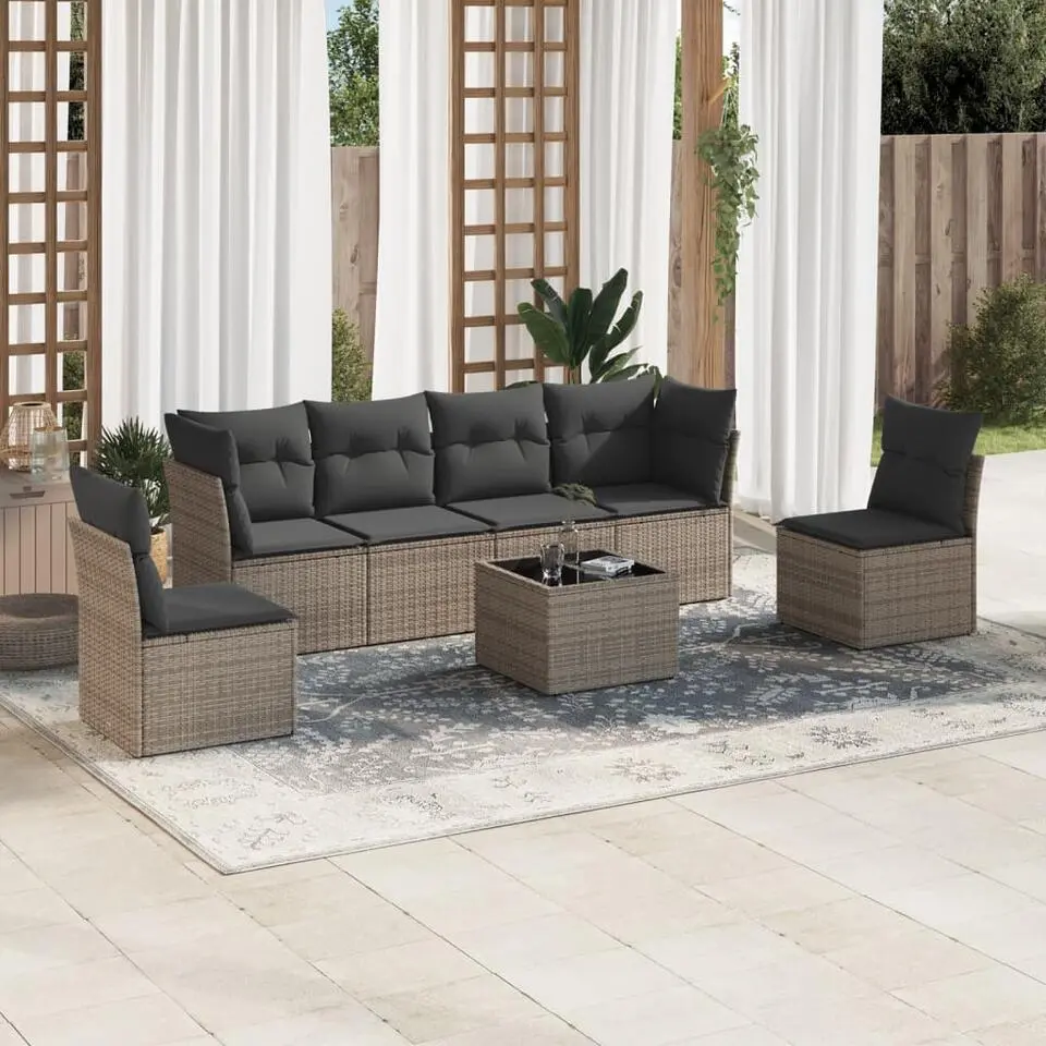 vidaXL 7-delige Loungeset met kussens en tuintafel - Grijs - Poly rattan