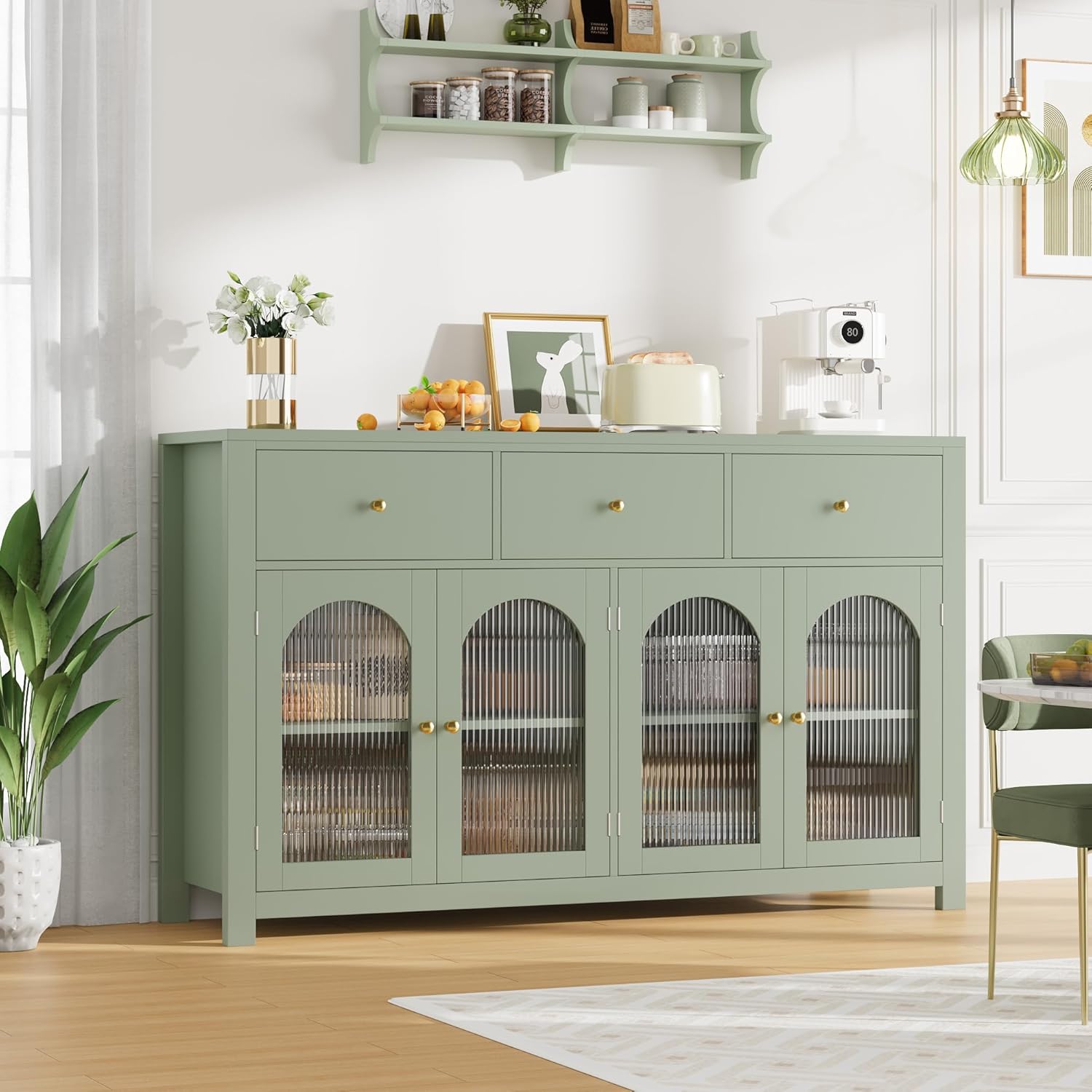 FINETONES Buffet Cabinet with Storage, 55.1 Large Sideboard Buffet, Farmhouse Kitchen Cabinet with 3 Drawers and 4 Doors, Wood Coffee Bar Table for Kitchen, Green