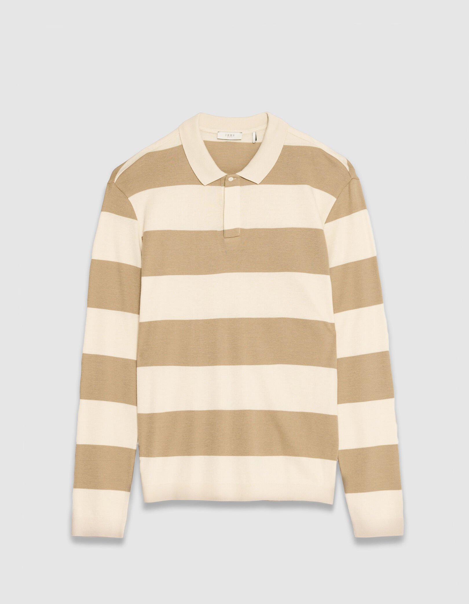 Polo manches longues beige larges rayures Homme