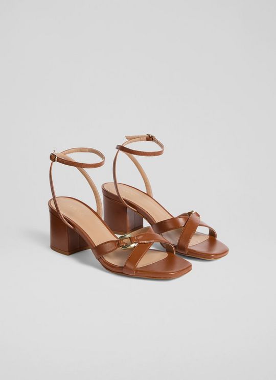 Ena Tan Leather Oloid Low Block Heel Sandals
